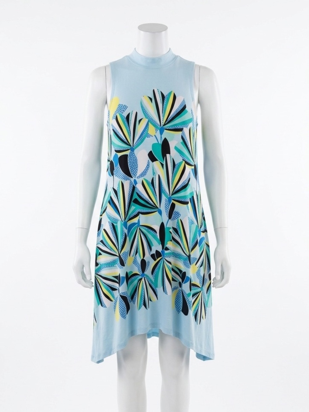Kaari Blue High Neck Swing Dress Abstract Tropical Leaf Print Blue Womens Size M